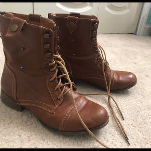 brown faux leather combat boots